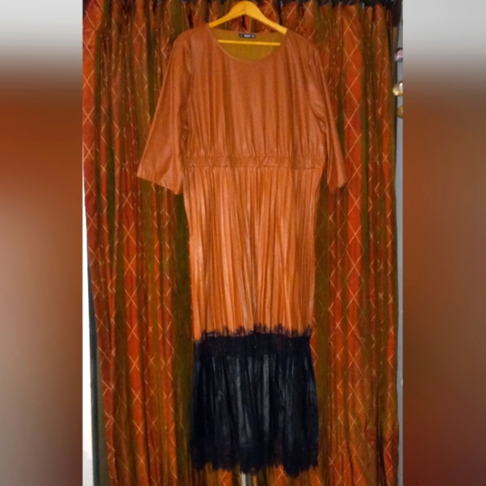 SHEIN faux leather w/ see-through lace dress. 3/4 sleeve and pleated bottom